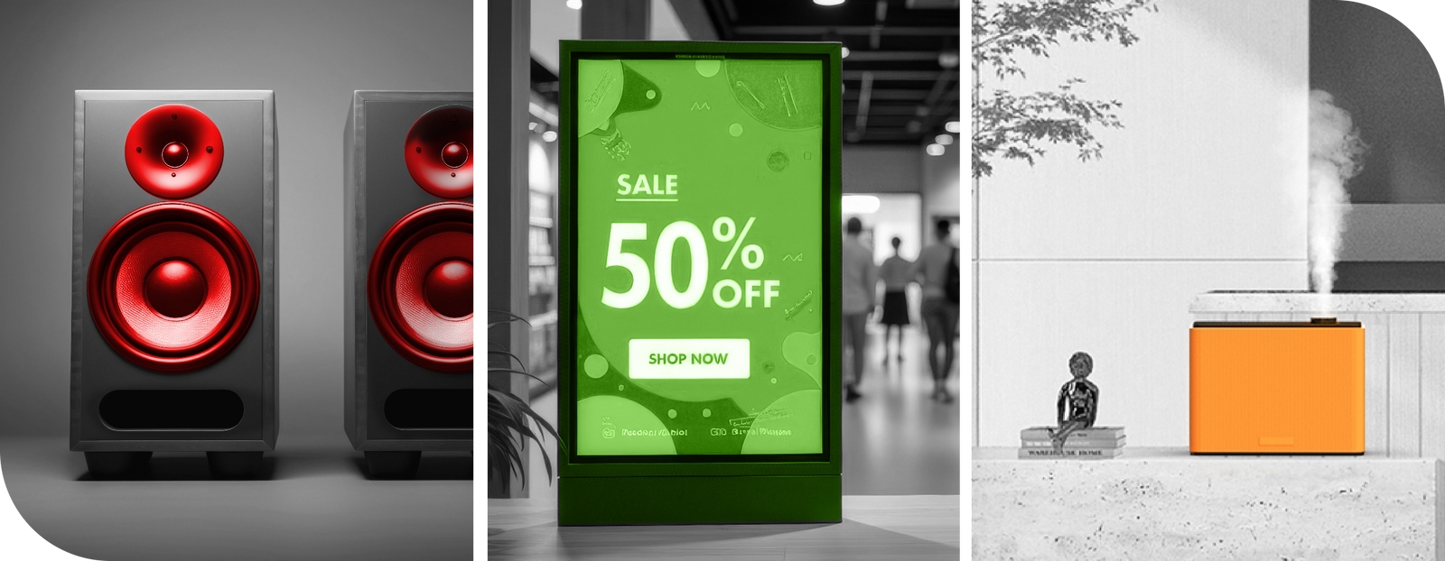 Three product images: red speakers, digital display with sale banner, and orange humidifier.